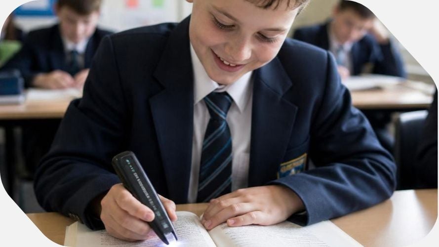 Young person in school uniform using a scanning pen in class